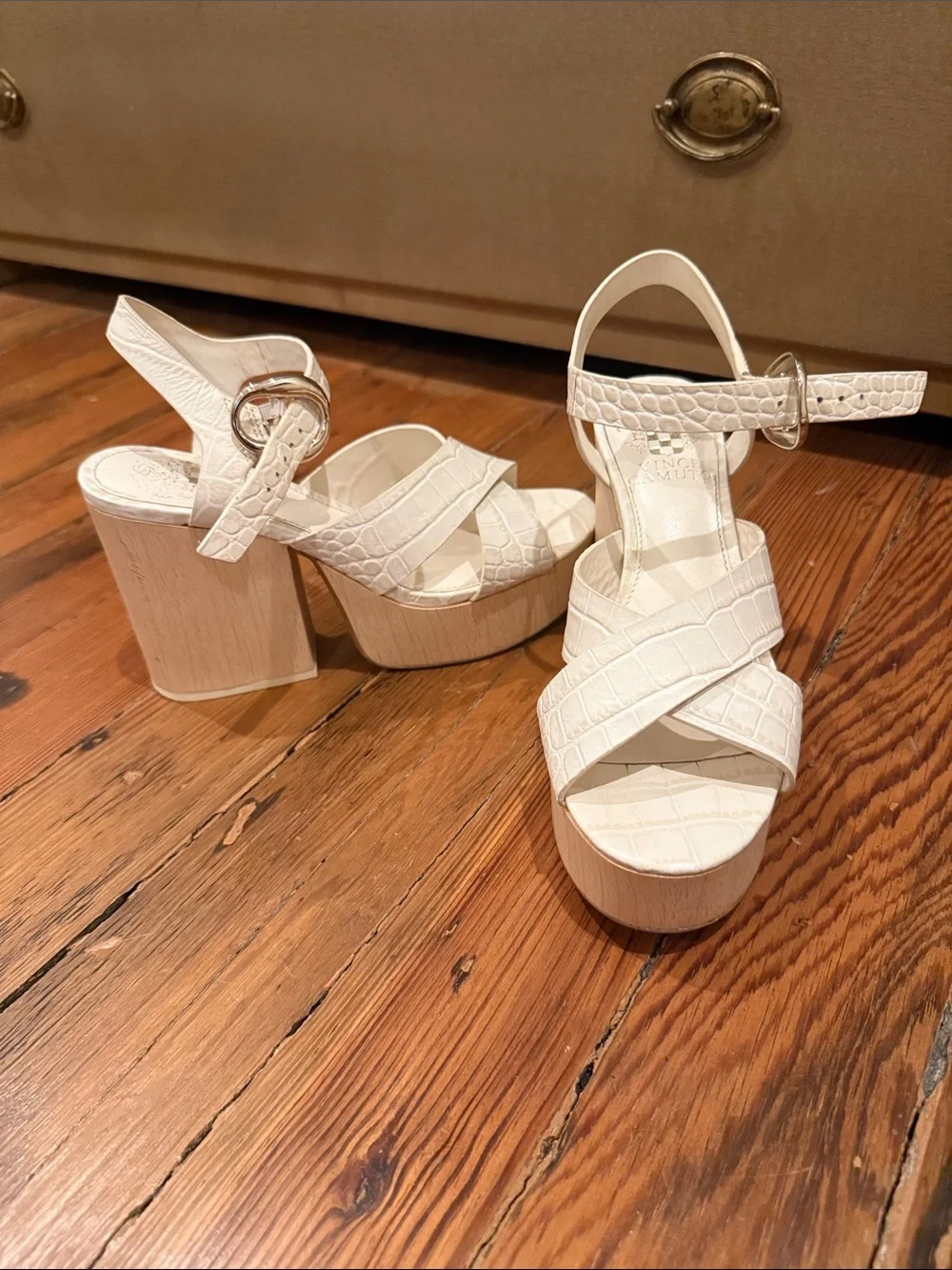 Vince Camuto White Croc-Embossed Platform Block Heel Sandals